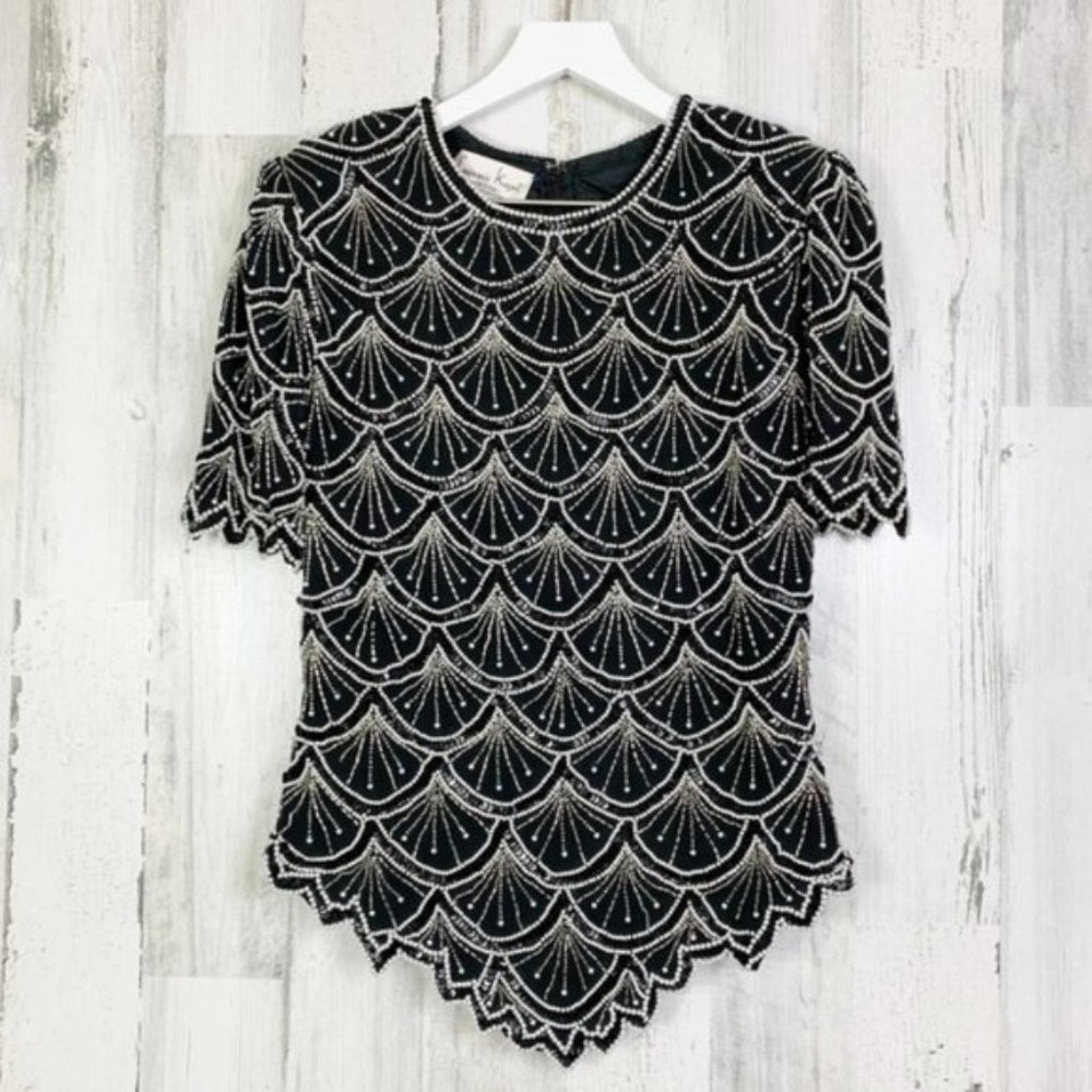 Laurence Kazar Vintage Black Beaded Sequin Top